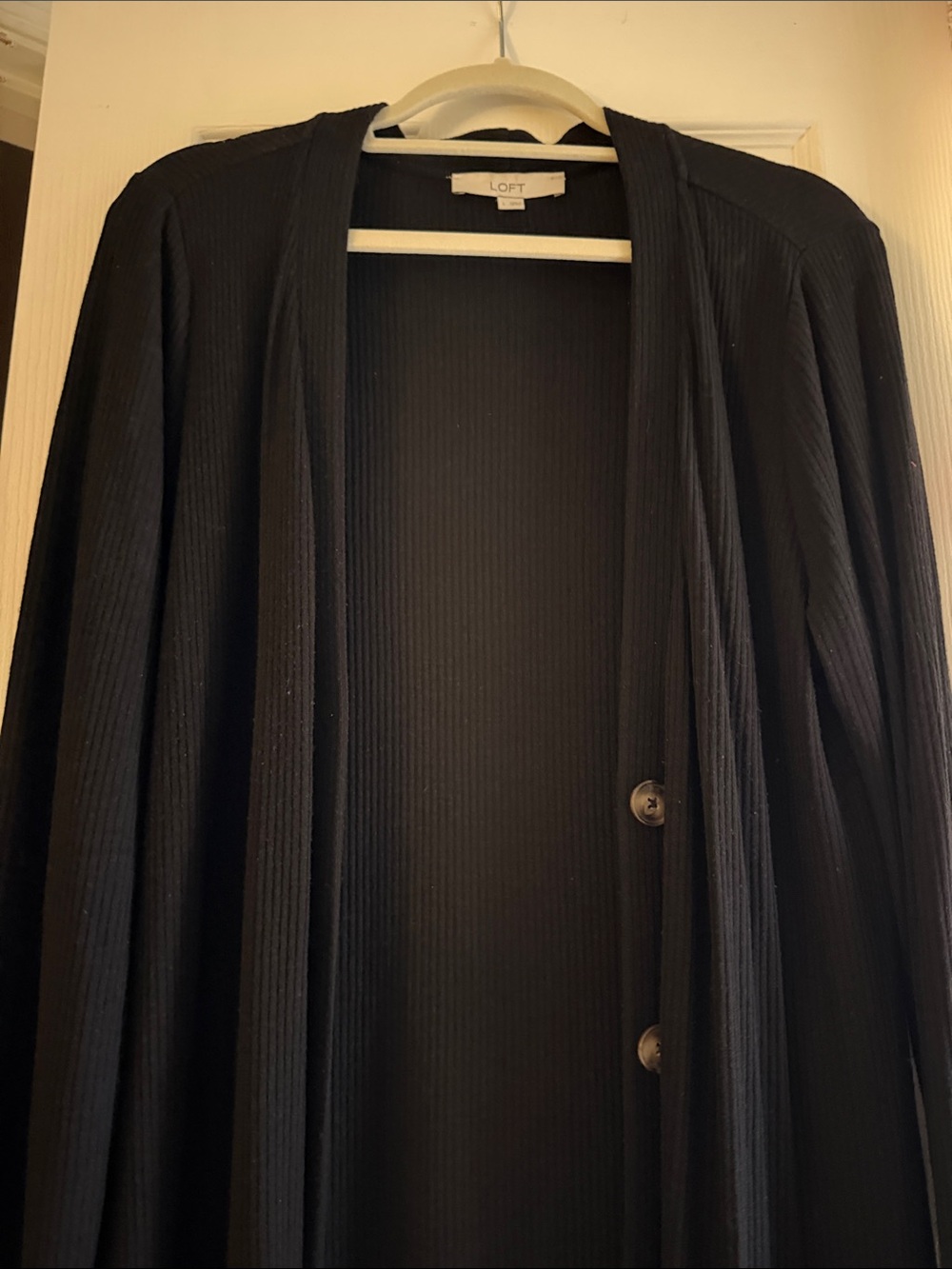 LOFT Long Black Ribbed Button-Front Cardigan - Picture 5 of 5